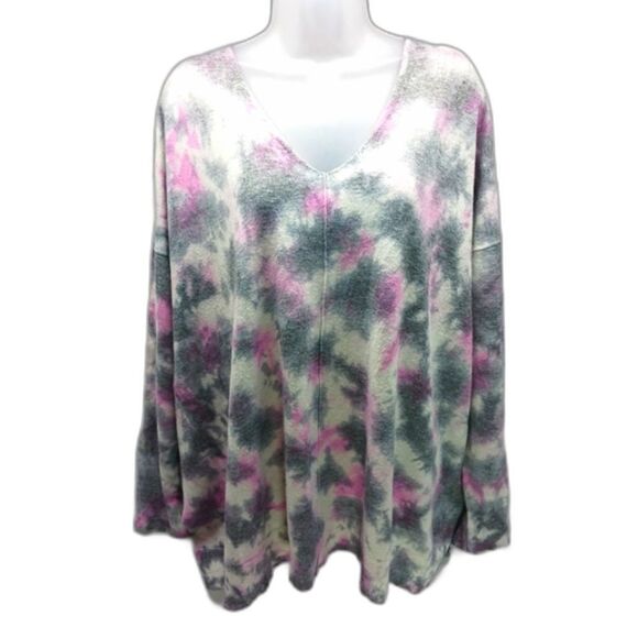 Torrid Rayon Blend Light Knit V-Neck Sweater Pink/ Grey Light Tie-Dye Women's 2. - Picture 1 of 3